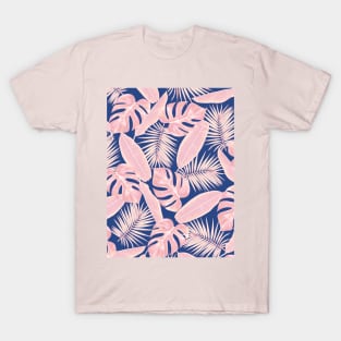 Tropical Green Leaves Pattern on Navy and Blue and Pink T-Shirt